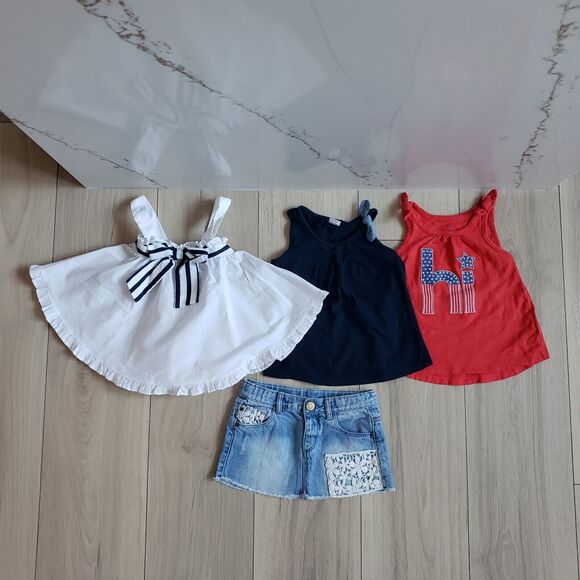Summer Girls 2T Lot Gap Red White Blue Tank Tops Denim 4th Of July Skirt Set - Picture 1 of 13